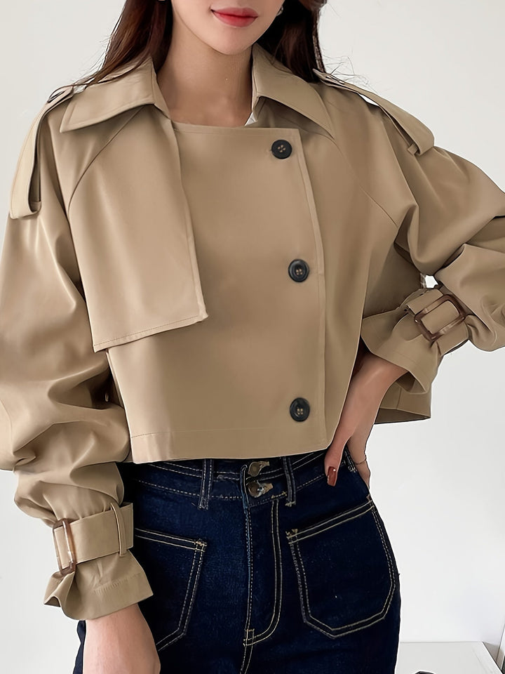 Evelyn - Elegante gabardina caqui con cuello de solapa y cierre de hebilla para mujer