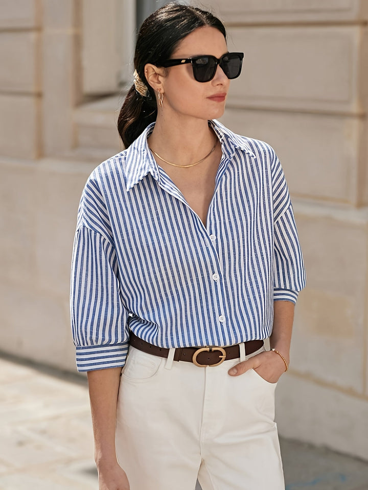 Clara - Elegante camisa de rayas azules y blancas para mujer