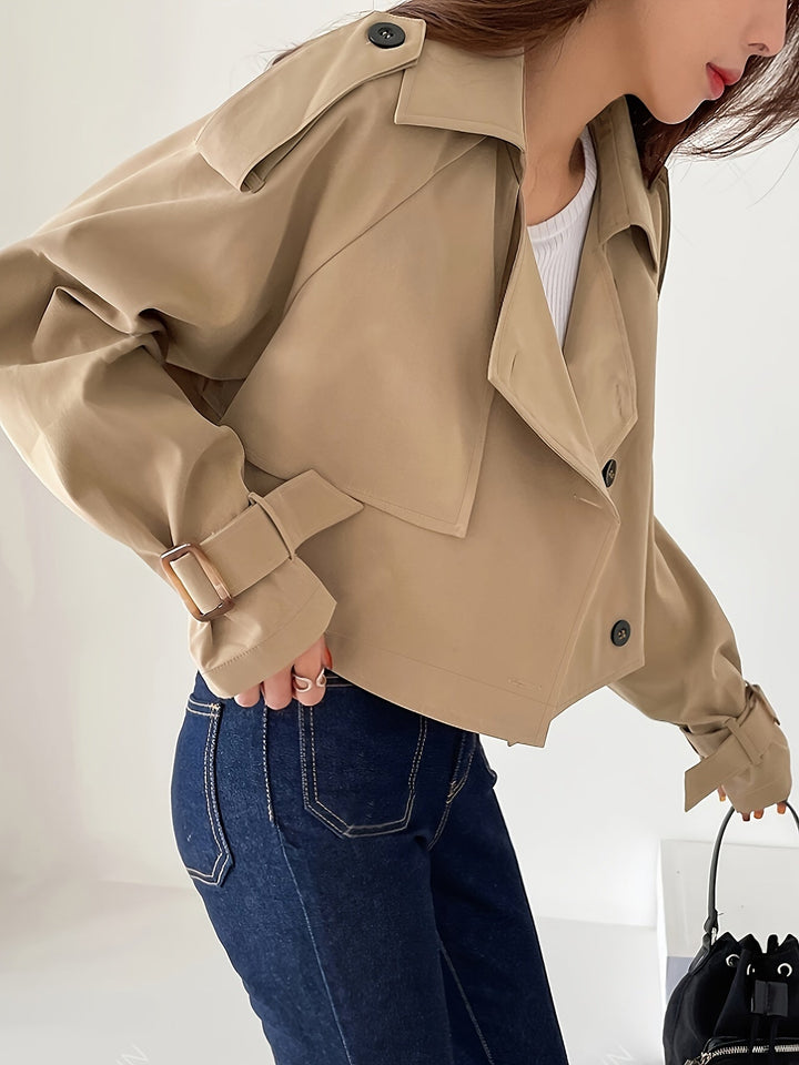 Evelyn - Elegante gabardina caqui con cuello de solapa y cierre de hebilla para mujer