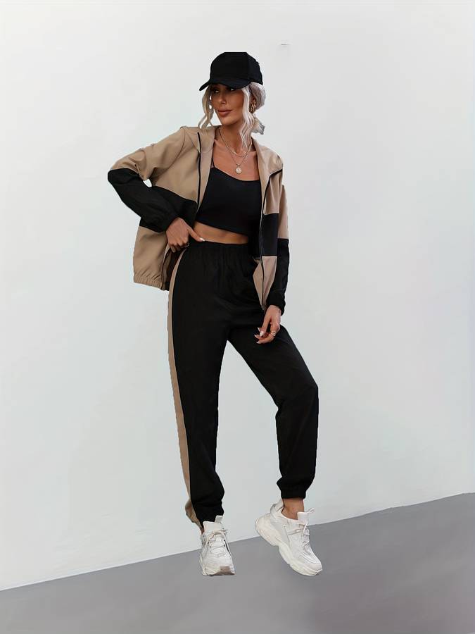 Sandra - Elegante conjunto negro de dos piezas con cremallera para mujer