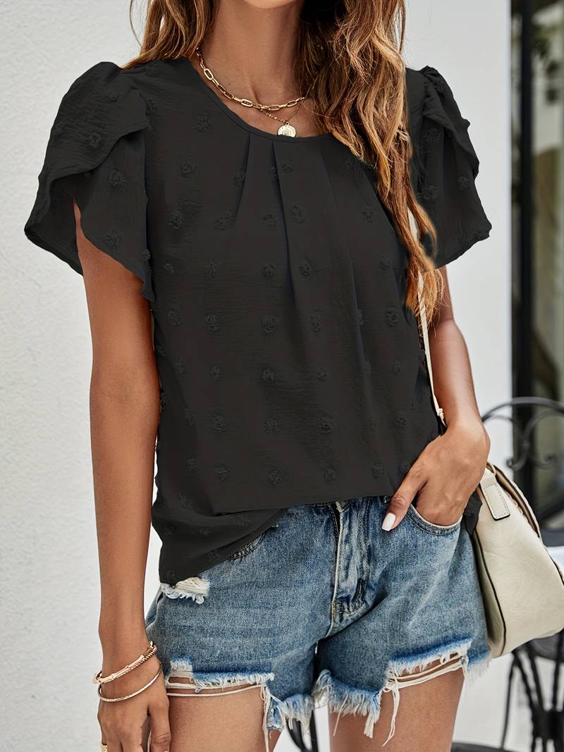 Charice - Elegante blusa de lunares suizos con mangas de pétalos para mujer