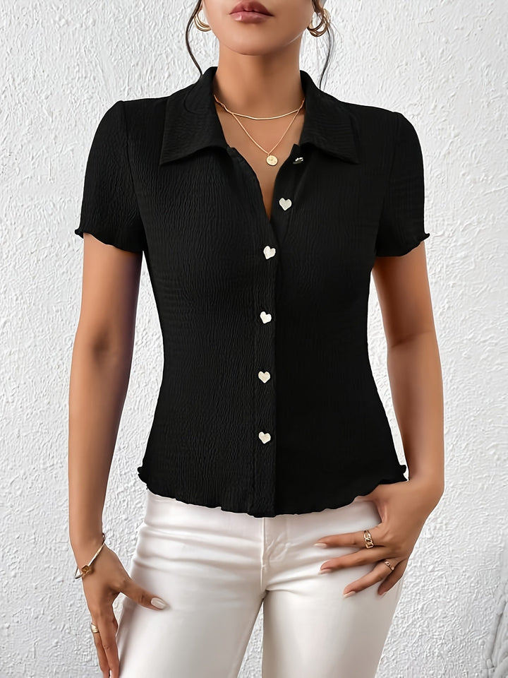 Maya - Elegante blusa negra con bonitos botones en forma de corazón para mujer