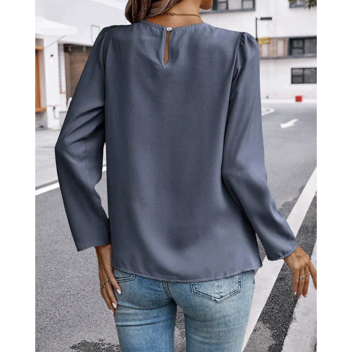 Melody - Elegante blusa plisada gris de primavera con elegantes mangas abullonadas para mujer