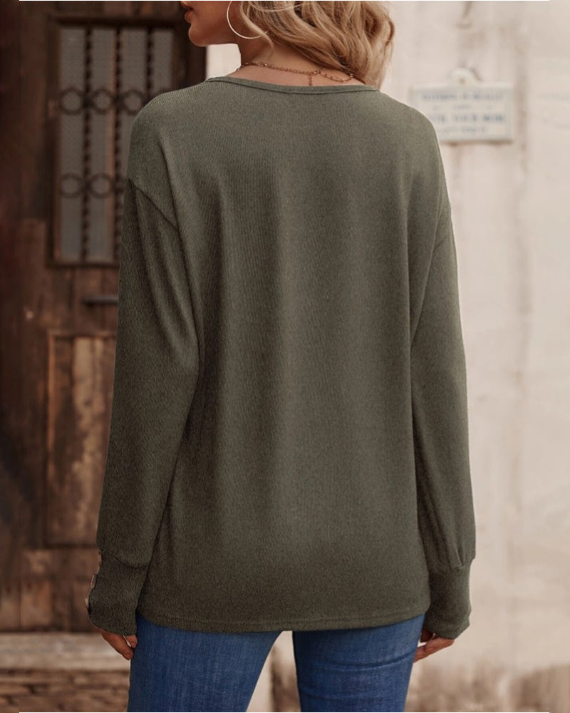 Therese - Elegante y cómodo top liso con cuello en V y botones para mujer