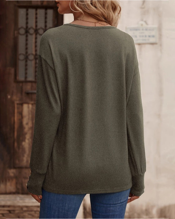 Therese - Elegante y cómodo top liso con cuello en V y botones para mujer
