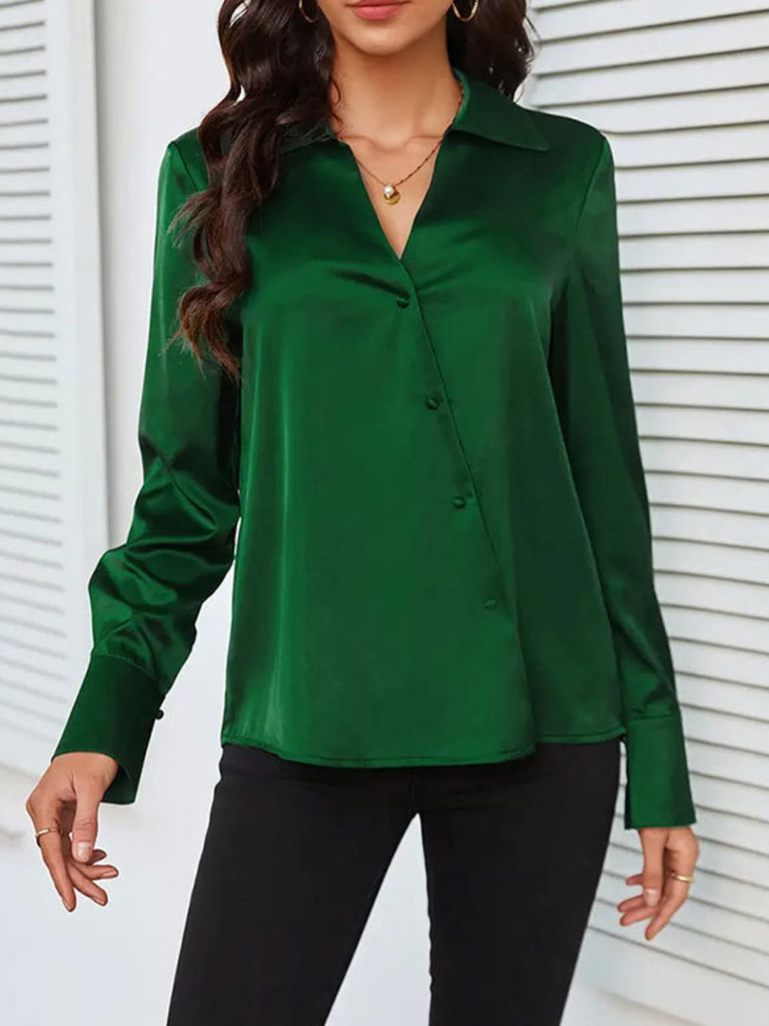 Nikki - Elegante Blusa Verde Oscuro de Manga Larga para Otoño para Mujer