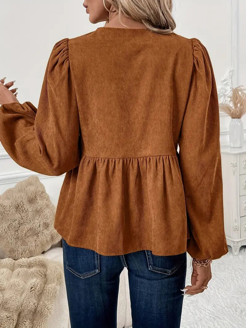 Gianna - Elegante Blusa Marrón Otoño Chic con Cordón Túnel de Moda y Mangas Puffer para Mujer