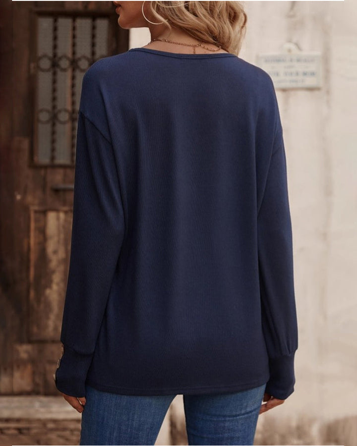 Therese - Elegante y cómodo top liso con cuello en V y botones para mujer