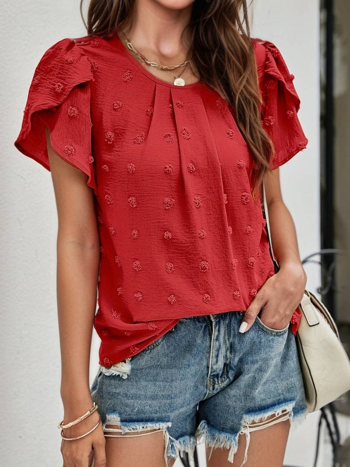 Charice - Elegante blusa de lunares suizos con mangas de pétalos para mujer