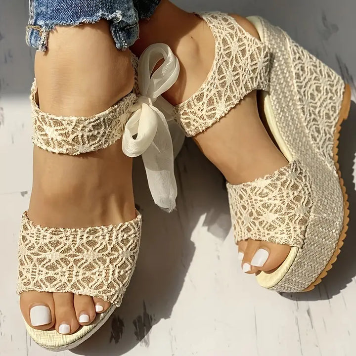 Helena - Elegantes sandalias de tacón de cuña con lazo de lujo para mujer