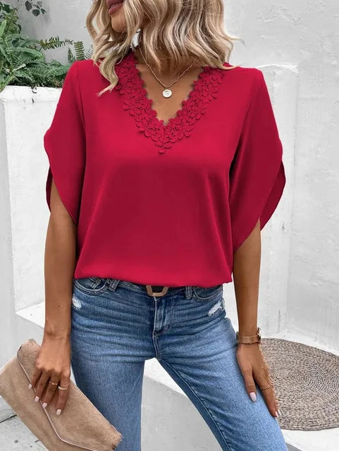 Ella - Elegante y cómodo top de encaje con cuello en V para mujer
