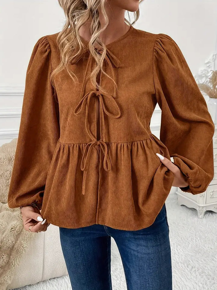 Gianna - Elegante Blusa Marrón Otoño Chic con Cordón Túnel de Moda y Mangas Puffer para Mujer