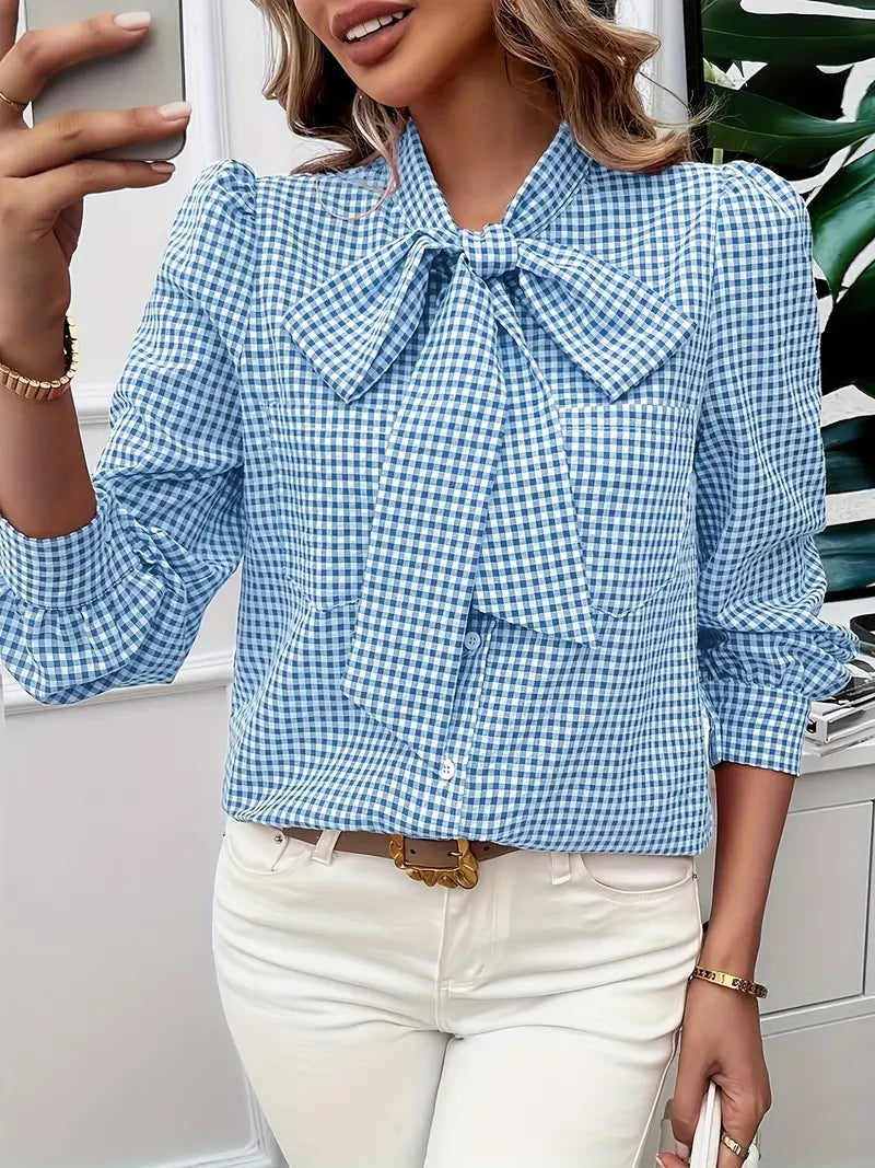Aurora - Elegante blusa otoñal clásica a cuadros con lazo chic para mujer
