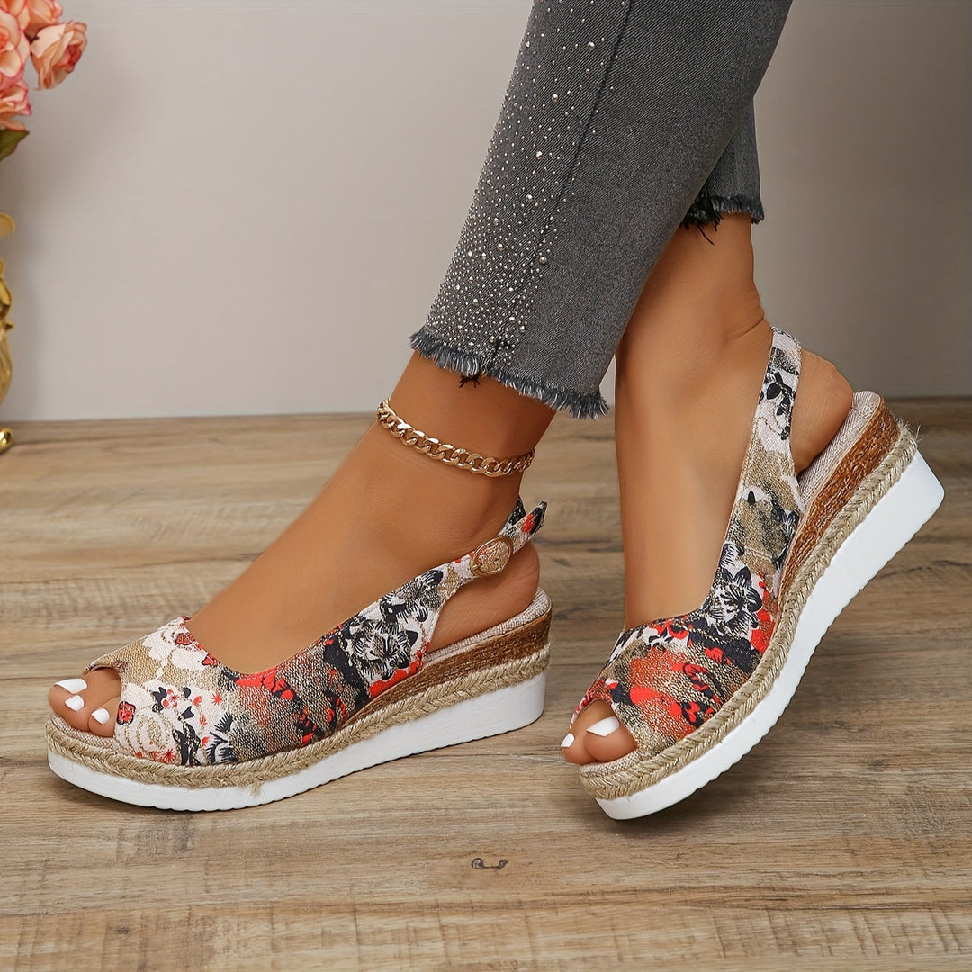 Flora - Elegantes sandalias de tacón de cuña con motivos florales para mujer, ¡máximo confort!