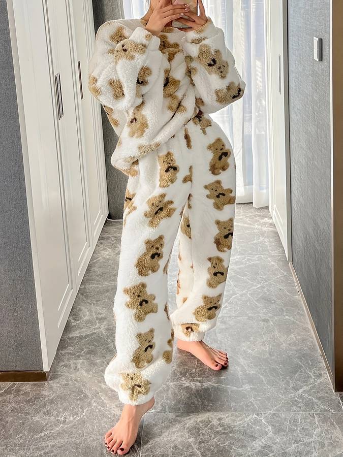 Danica - Cómodo conjunto de pijama para mujer con estampado de oso blanco