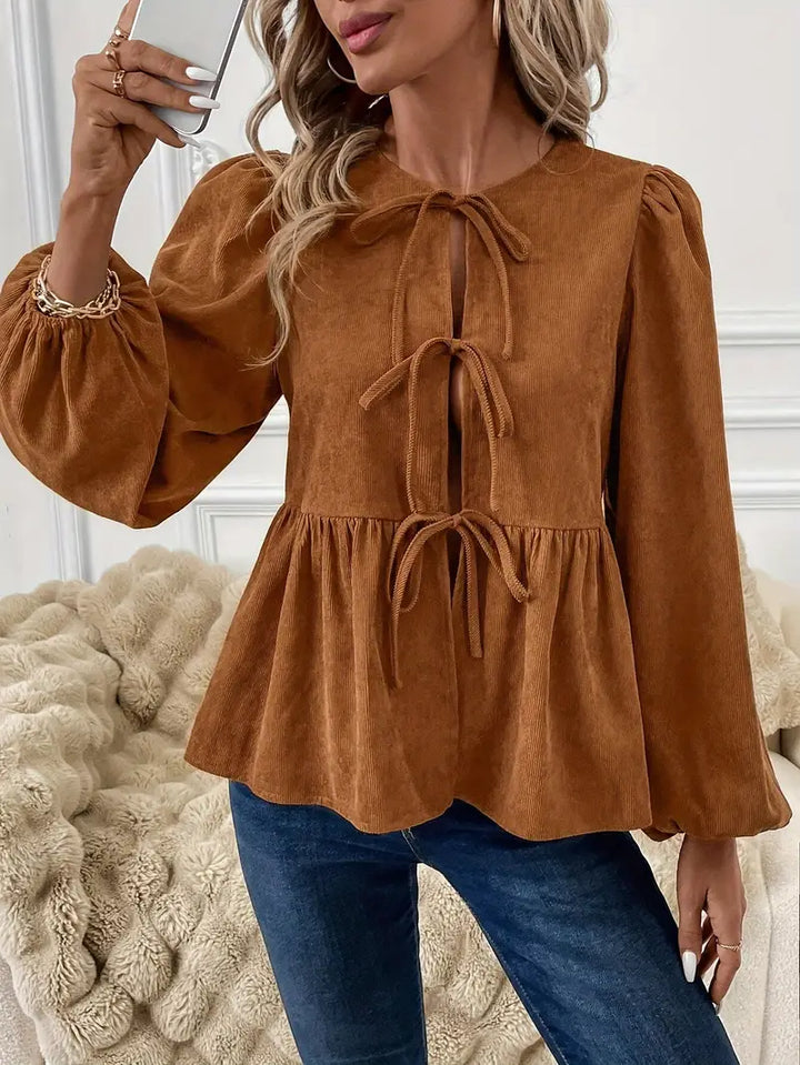 Gianna - Elegante Blusa Marrón Otoño Chic con Cordón Túnel de Moda y Mangas Puffer para Mujer