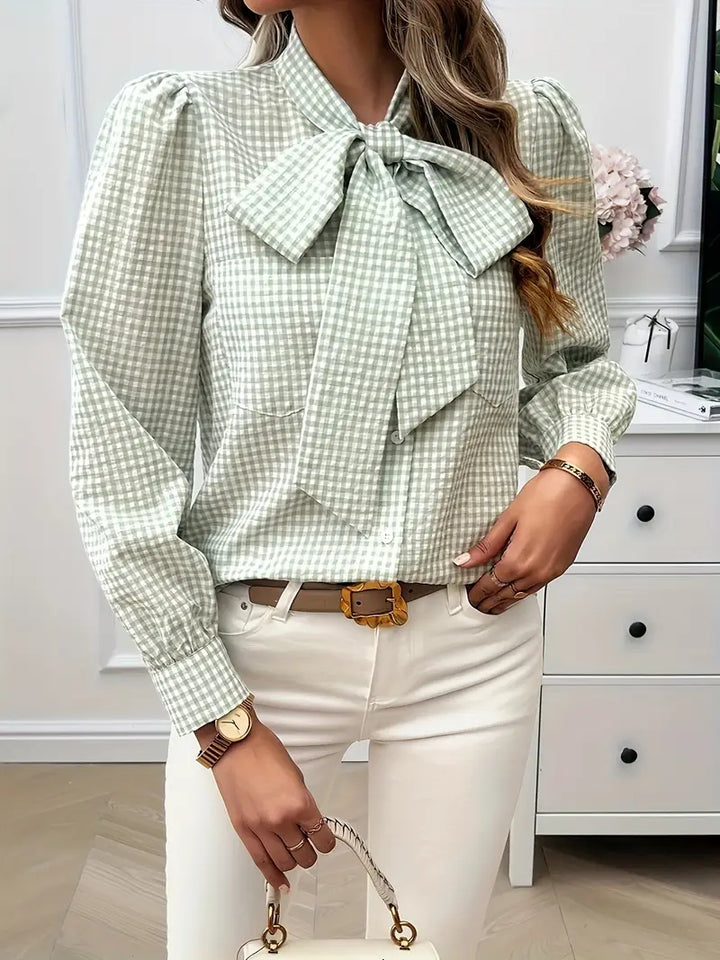 Aurora - Elegante blusa otoñal clásica a cuadros con lazo chic para mujer
