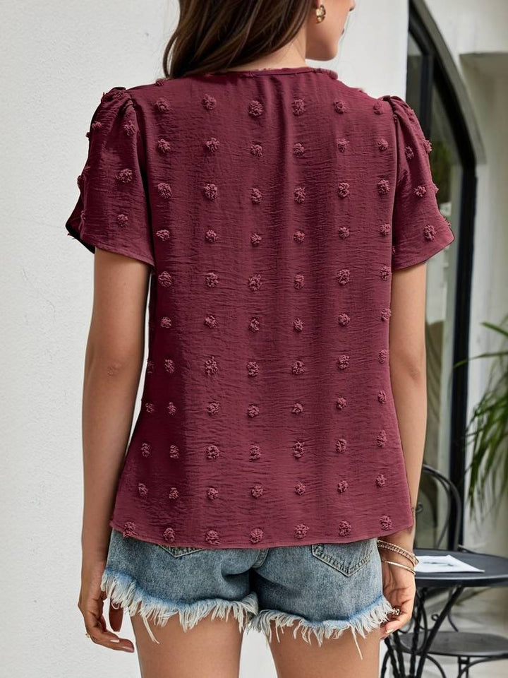 Charice - Elegante blusa de lunares suizos con mangas de pétalos para mujer
