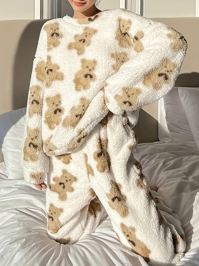 Danica - Cómodo conjunto de pijama para mujer con estampado de oso blanco