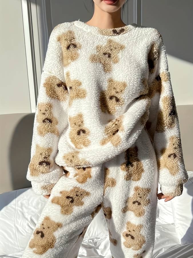 Danica - Cómodo conjunto de pijama para mujer con estampado de oso blanco