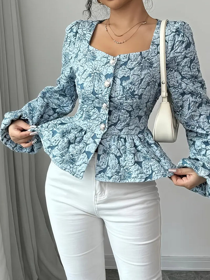 Elegante top de jacquard floral azul para mujer - Perfecto para el elegante otoño de Hazel