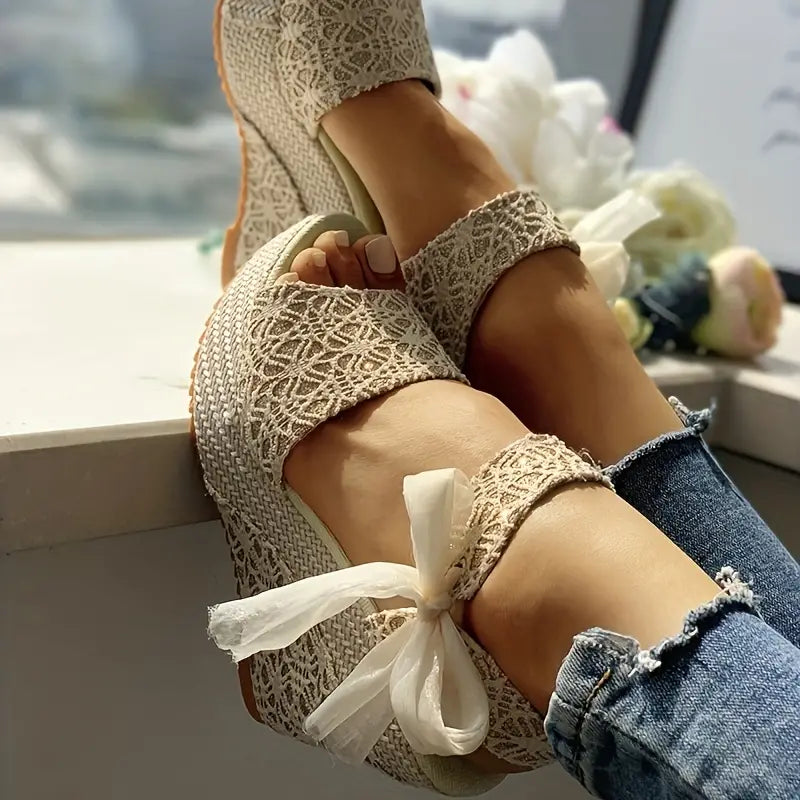 Helena - Elegantes sandalias de tacón de cuña con lazo de lujo para mujer