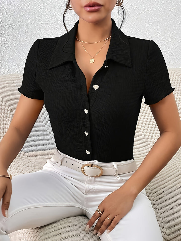 Maya - Elegante blusa negra con bonitos botones en forma de corazón para mujer