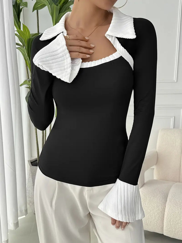 Natalie - Elegante Top Negro de Otoño con Cuello en Contraste para Mujer