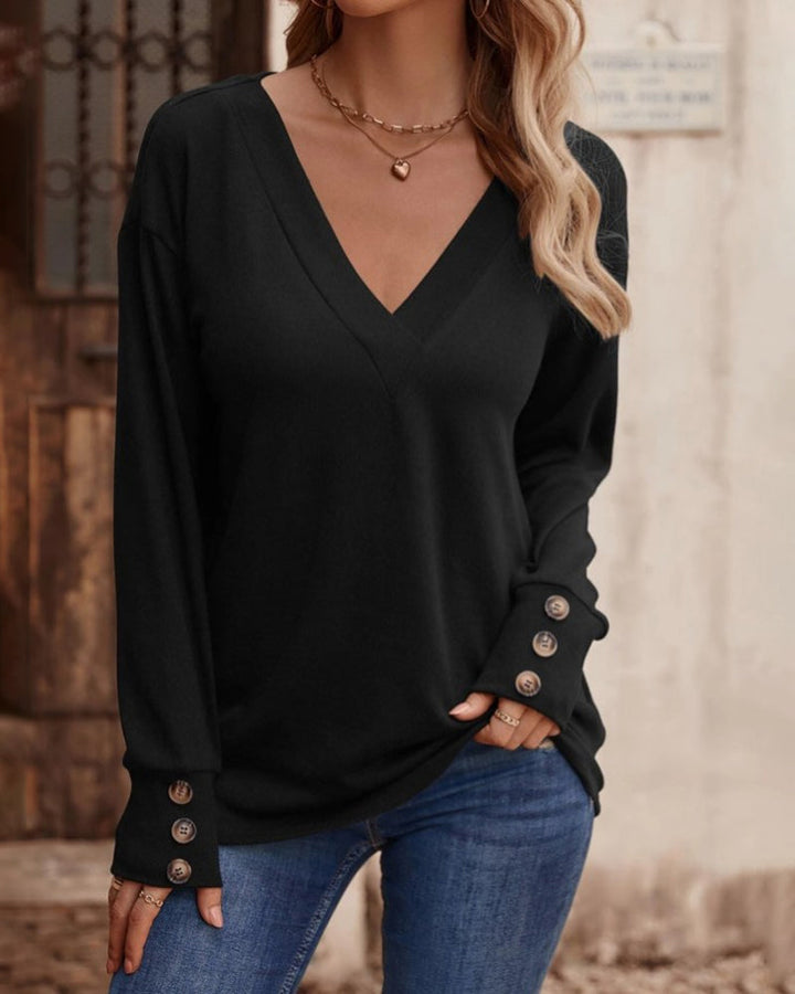 Therese - Elegante y cómodo top liso con cuello en V y botones para mujer