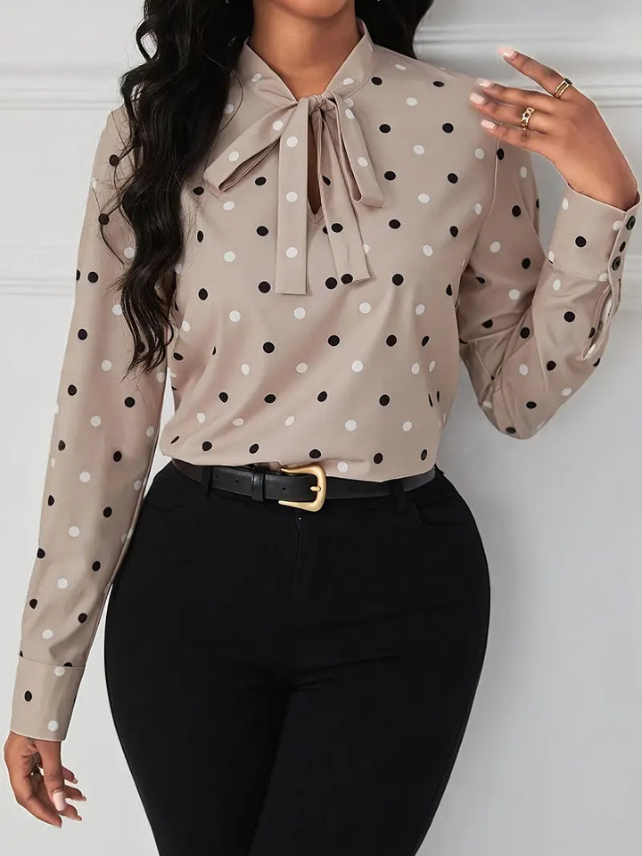Meredith - Elegancia otoñal atemporal: elegante blusa de lunares con lazo para mujer