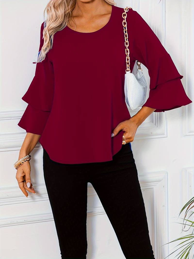 Emily - Camisa de moda con cuello redondo y elegantes mangas anchas acampanadas