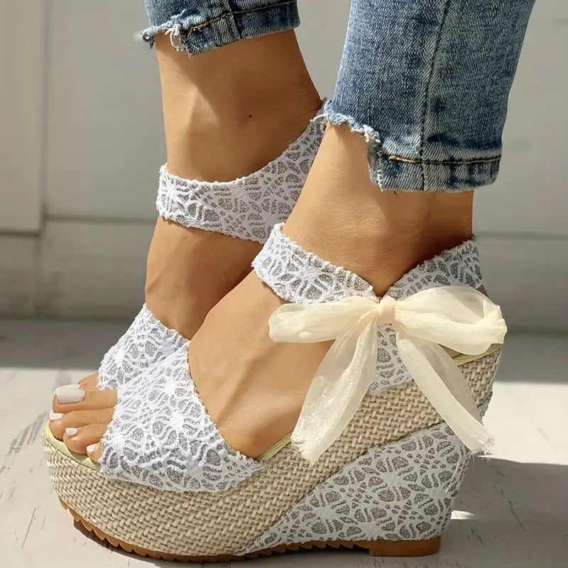 Helena - Elegantes sandalias de tacón de cuña con lazo de lujo para mujer
