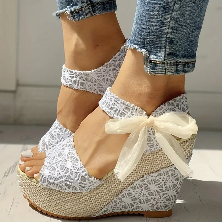 Helena - Elegantes sandalias de tacón de cuña con lazo de lujo para mujer