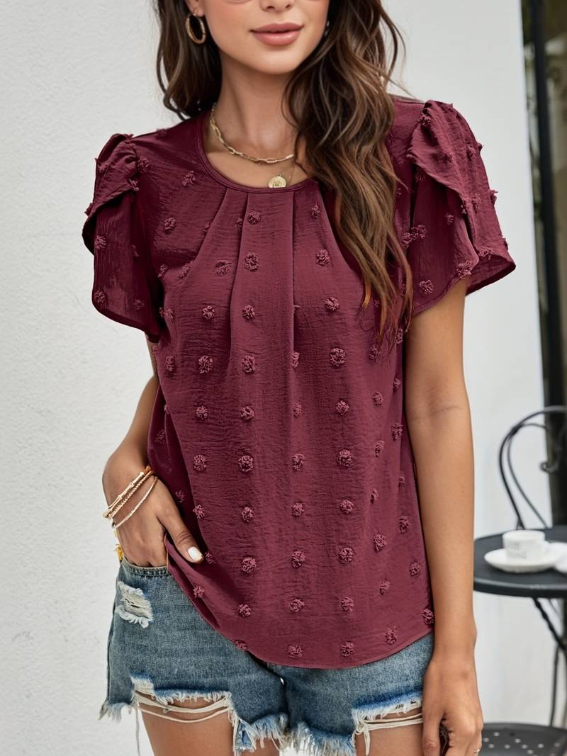 Charice - Elegante blusa de lunares suizos con mangas de pétalos para mujer