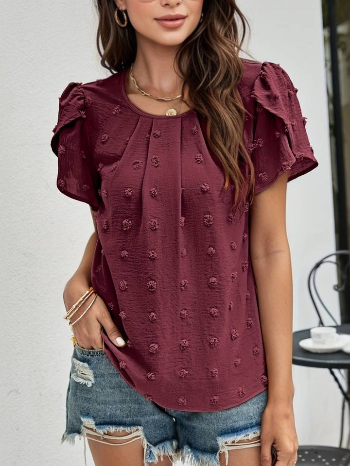 Charice - Elegante blusa de lunares suizos con mangas de pétalos para mujer