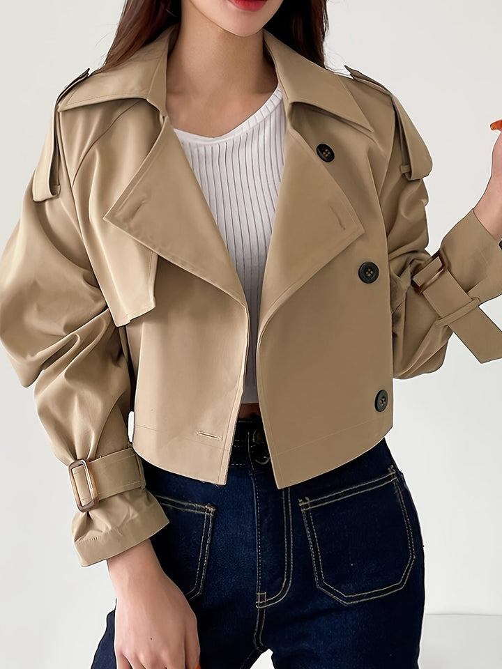 Evelyn - Elegante gabardina caqui con cuello de solapa y cierre de hebilla para mujer
