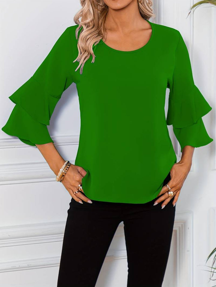 Emily - Camisa de moda con cuello redondo y elegantes mangas anchas acampanadas