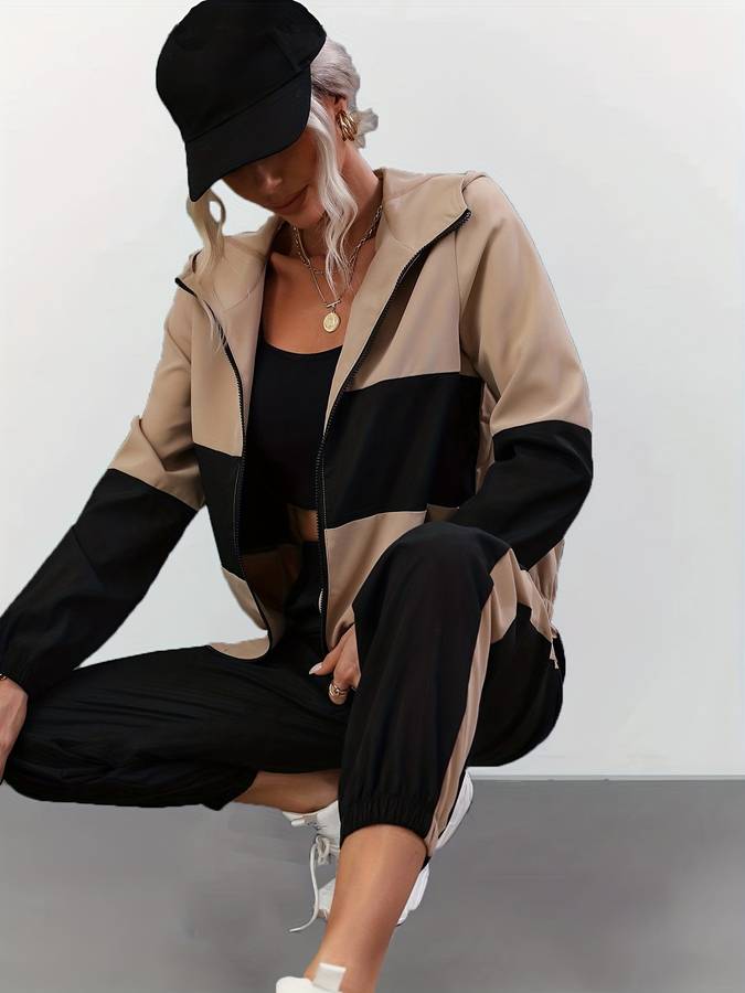 Sandra - Elegante conjunto negro de dos piezas con cremallera para mujer