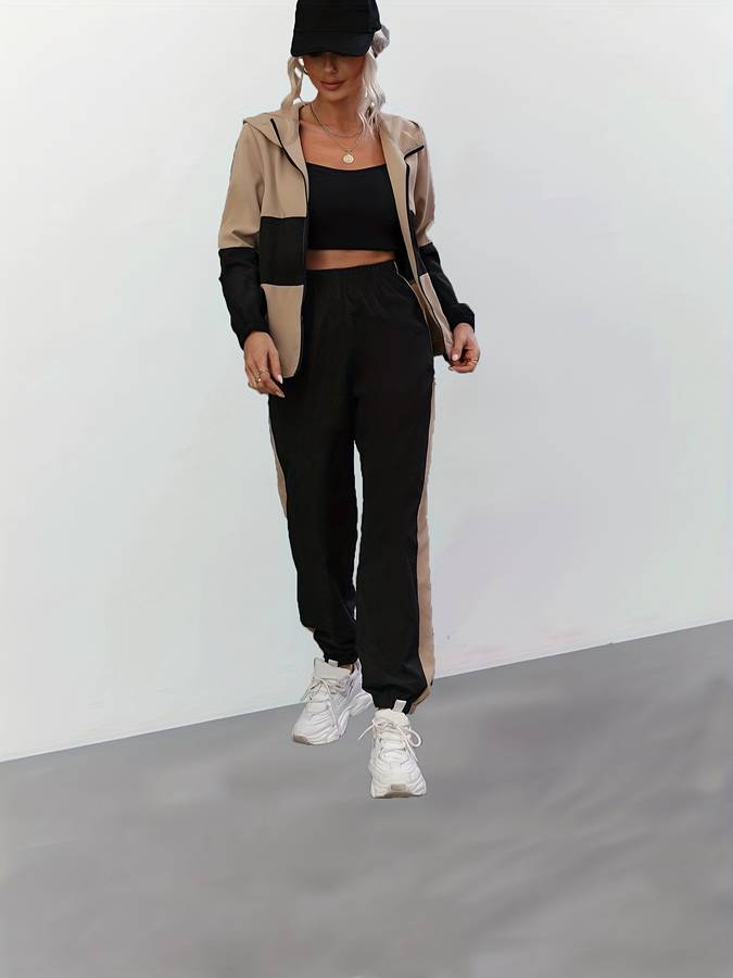 Sandra - Elegante conjunto negro de dos piezas con cremallera para mujer