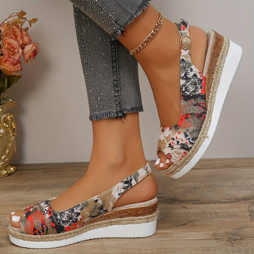 Flora - Elegantes sandalias de tacón de cuña con motivos florales para mujer, ¡máximo confort!