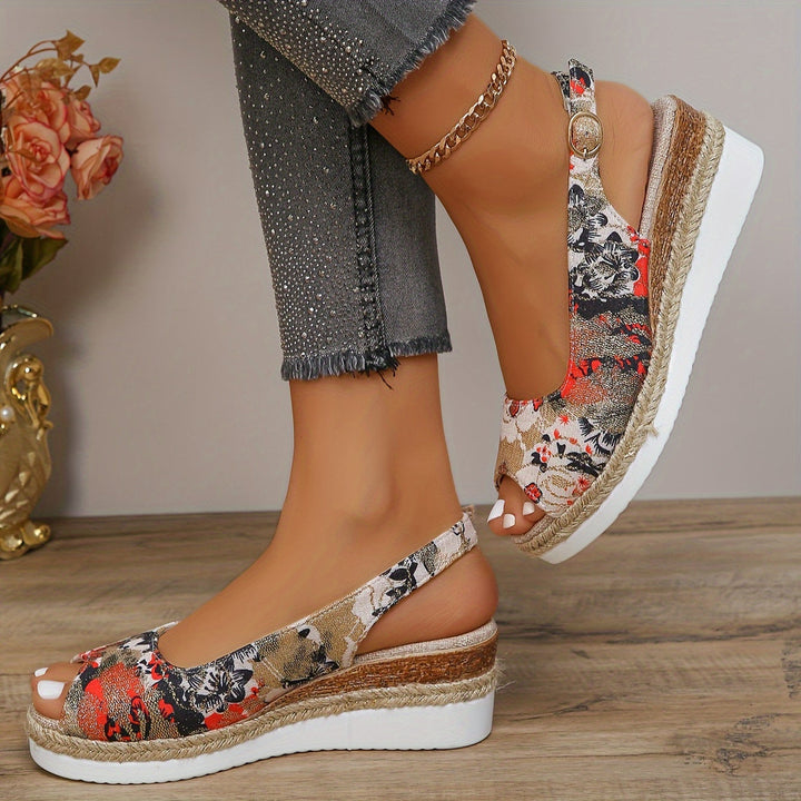 Flora - Elegantes sandalias de tacón de cuña con motivos florales para mujer, ¡máximo confort!