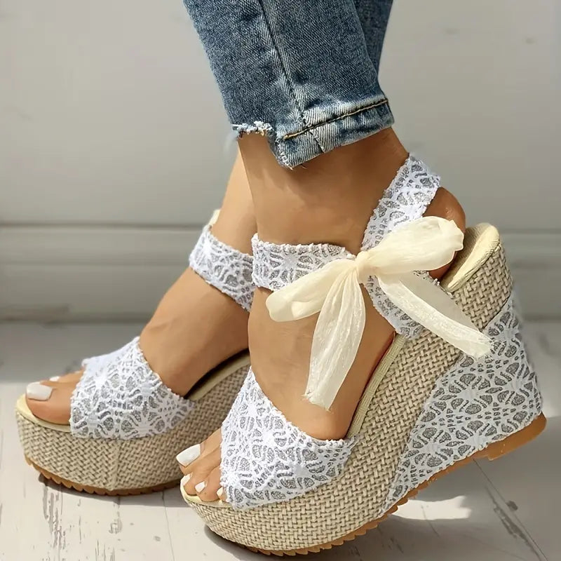 Helena - Elegantes sandalias de tacón de cuña con lazo de lujo para mujer
