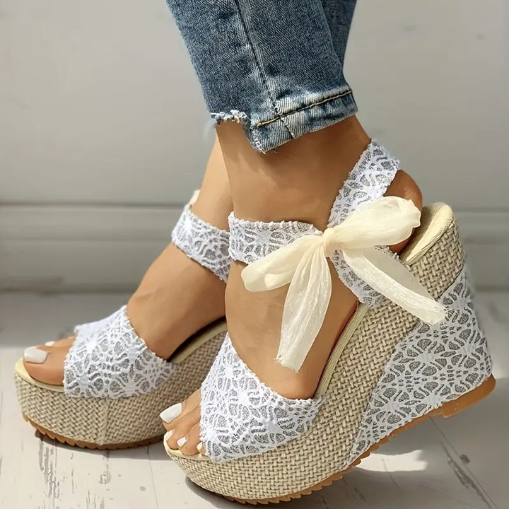 Helena - Elegantes sandalias de tacón de cuña con lazo de lujo para mujer