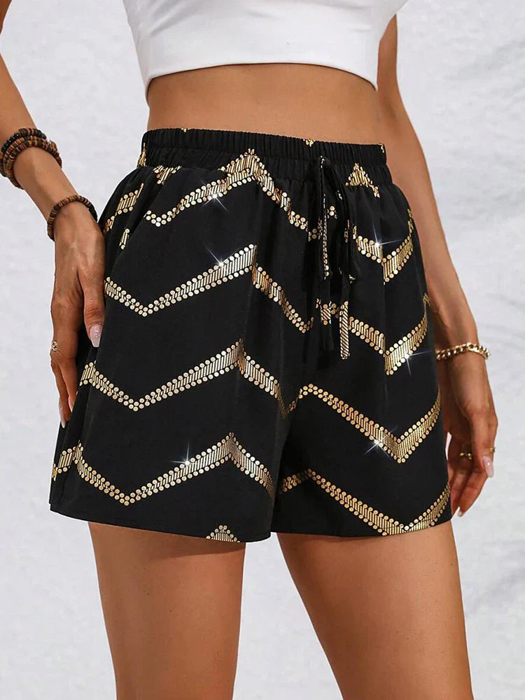 Beryl - Elegantes y cómodos pantalones cortos negros con un lujoso diseño dorado para mujer