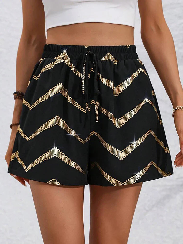 Beryl - Elegantes y cómodos pantalones cortos negros con un lujoso diseño dorado para mujer