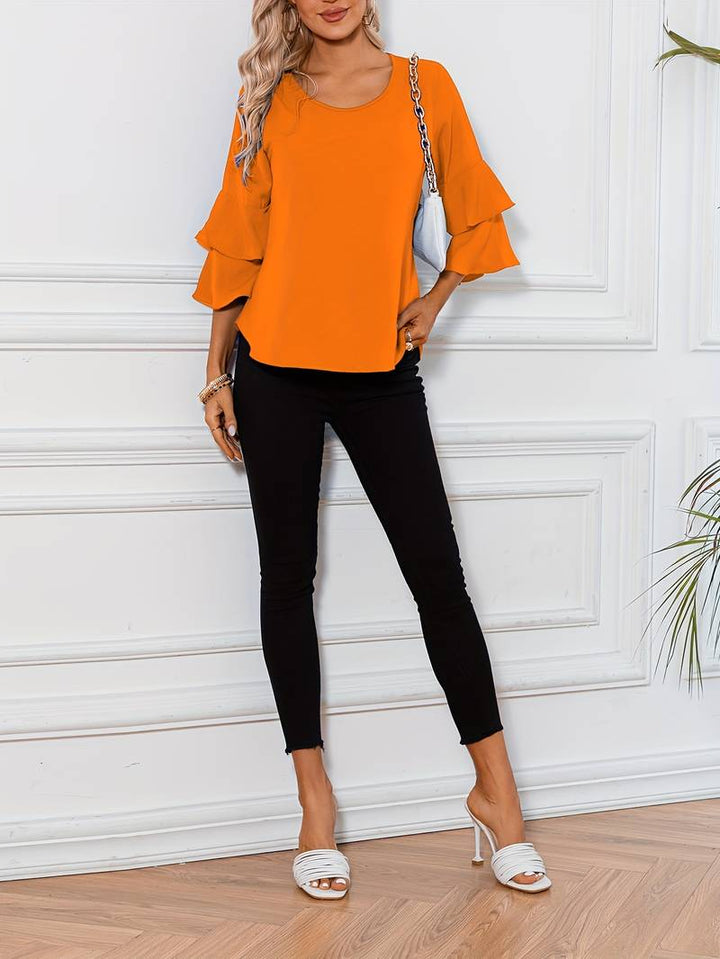 Emily - Camisa de moda con cuello redondo y elegantes mangas anchas acampanadas
