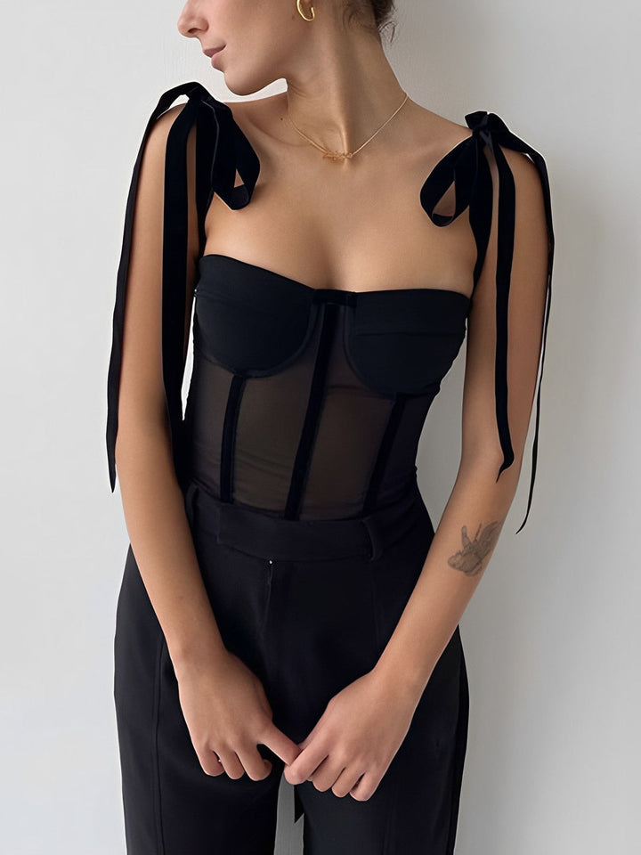 Yana - Elegante top corsé de malla negro para mujer