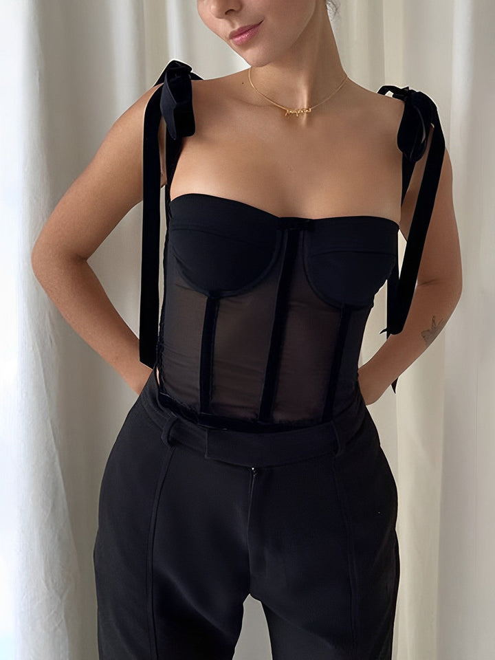 Yana - Elegante top corsé de malla negro para mujer
