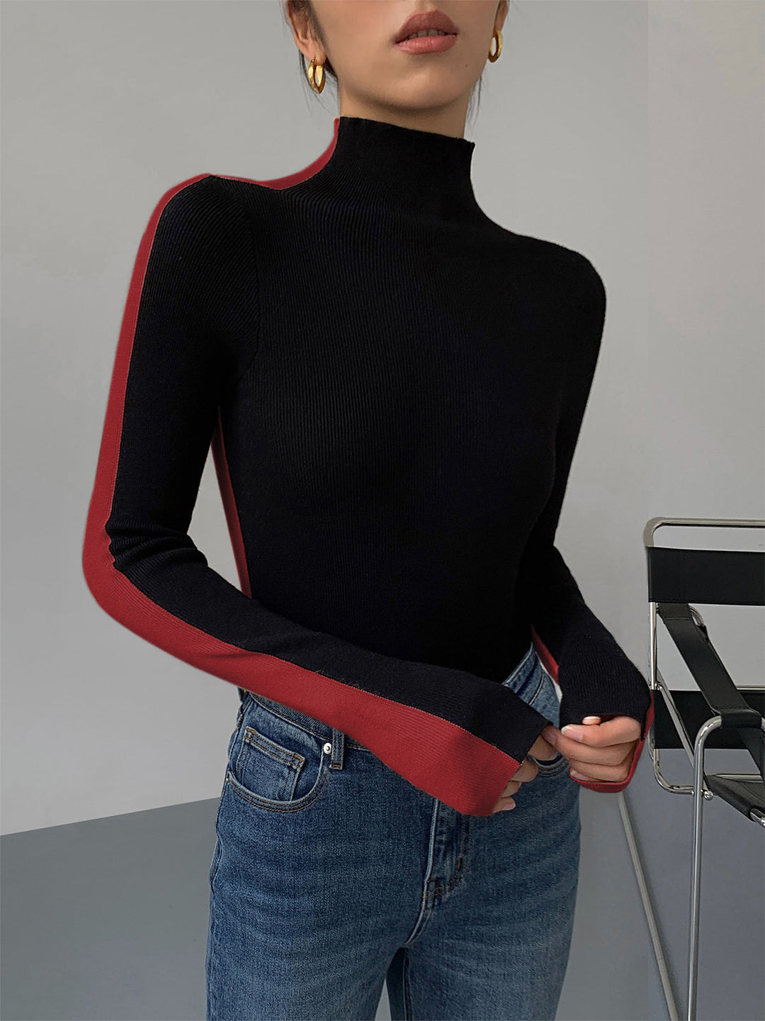 Elegante top bicolor de punto para mujer de manga larga | Sophie