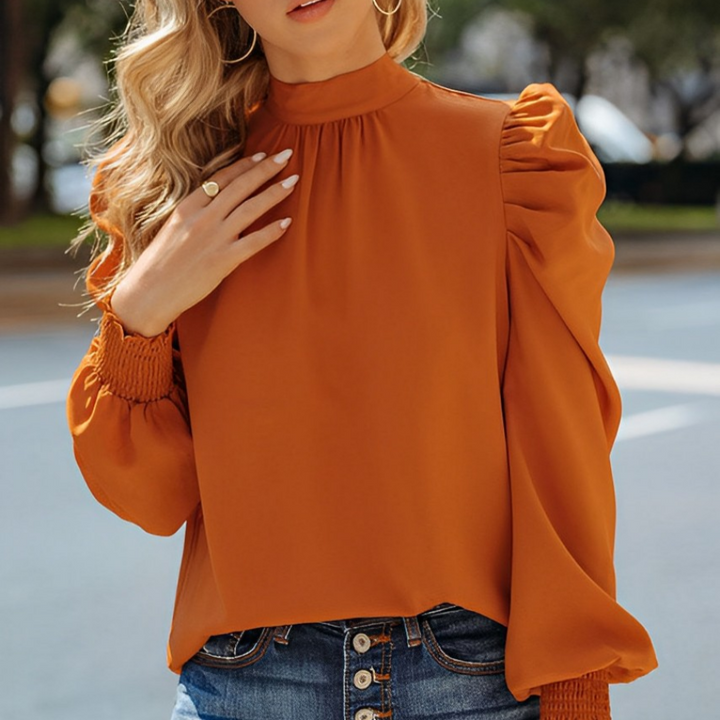Laila - Elegante blusa de otoño con mangas abullonadas en elegante marrón para mujer